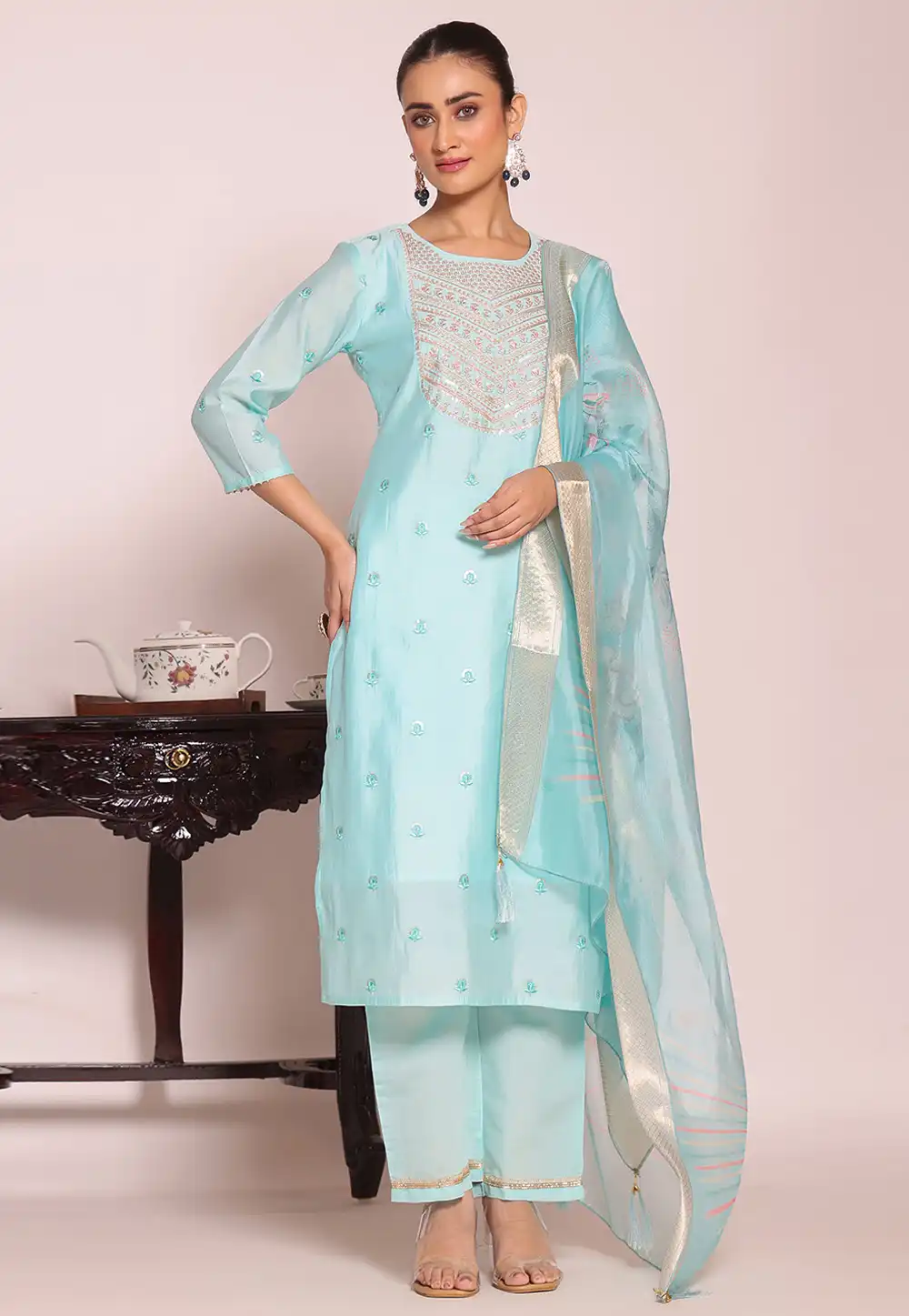 Sky Blue Silk Readymade Pakistani Suit 325520