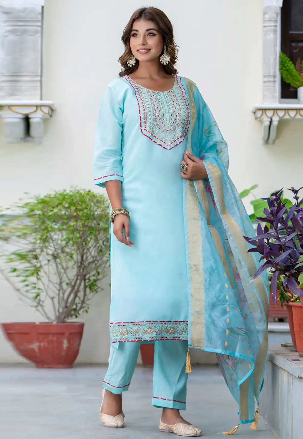 Sky Blue Silk Readymade Pakistani Suit 309691