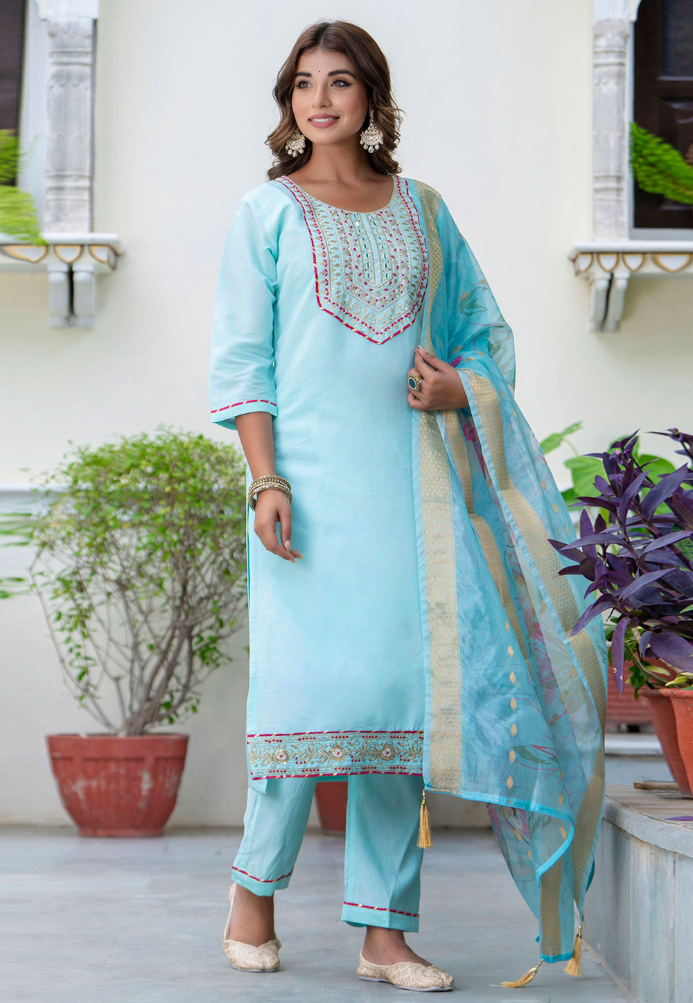 Sky Blue Silk Readymade Pakistani Suit 329975