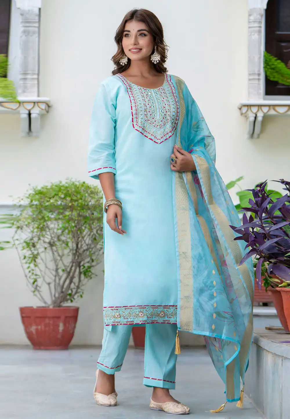 Sky Blue Silk Readymade Pakistani Suit 329975