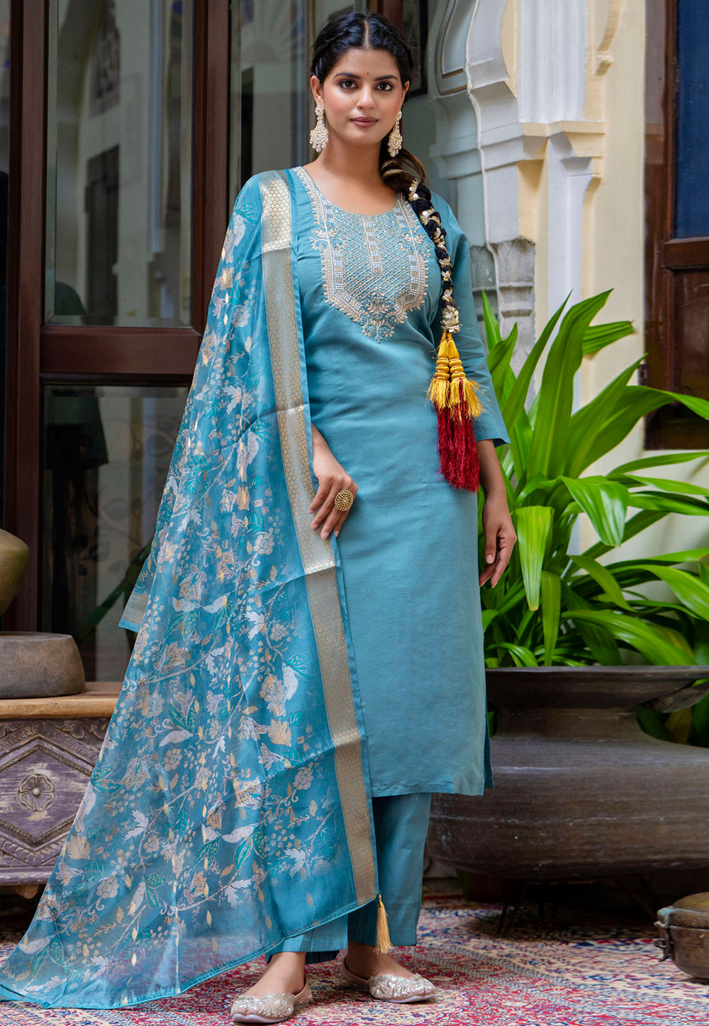 Sky Blue Silk Readymade Pakistani Suit 329977