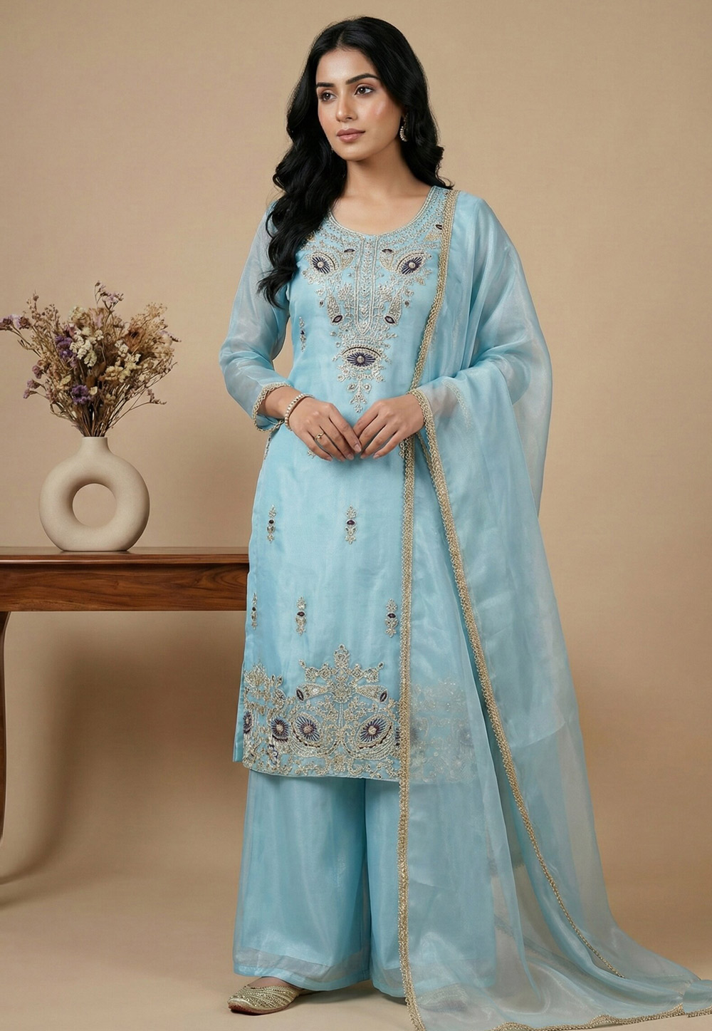 Sky Blue Silk Readymade Palazzo Suit 324980