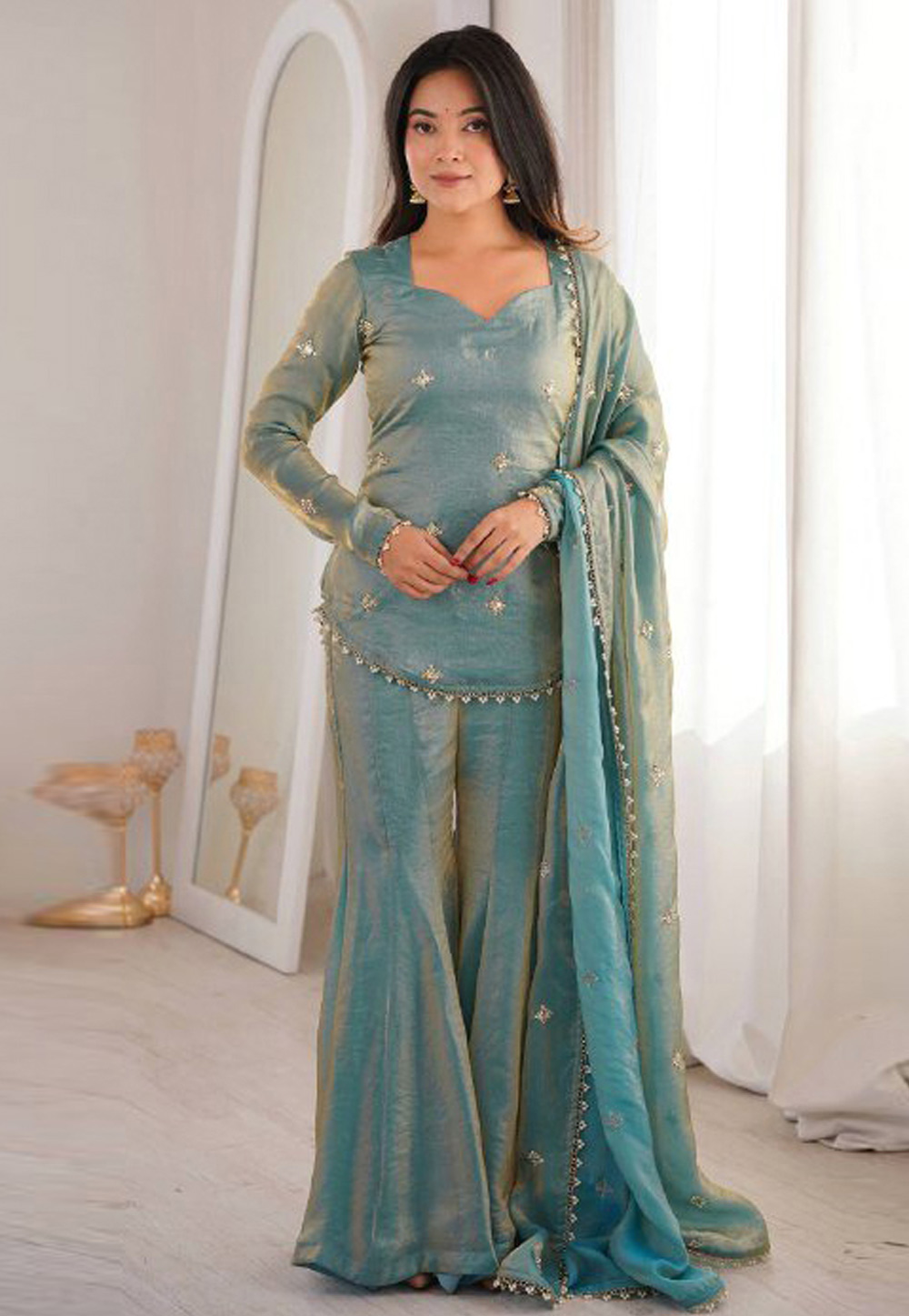 Sky Blue Silk Readymade Palazzo Suit 325344
