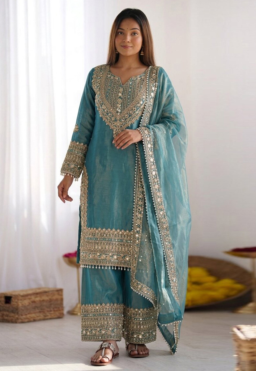 Sky Blue Silk Readymade Palazzo Suit 330357