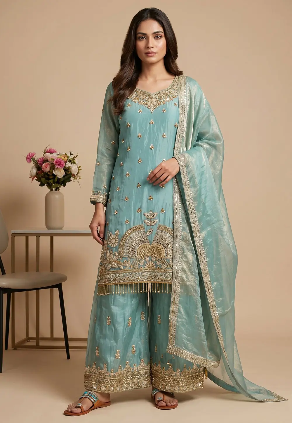 Sky Blue Silk Readymade Palazzo Suit 331984