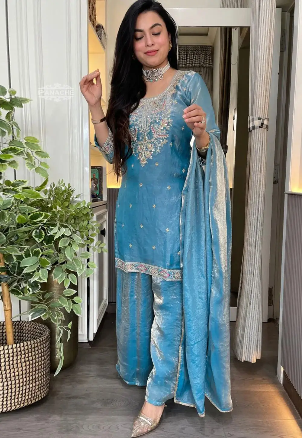 Sky Blue Silk Readymade Palazzo Suit 335055