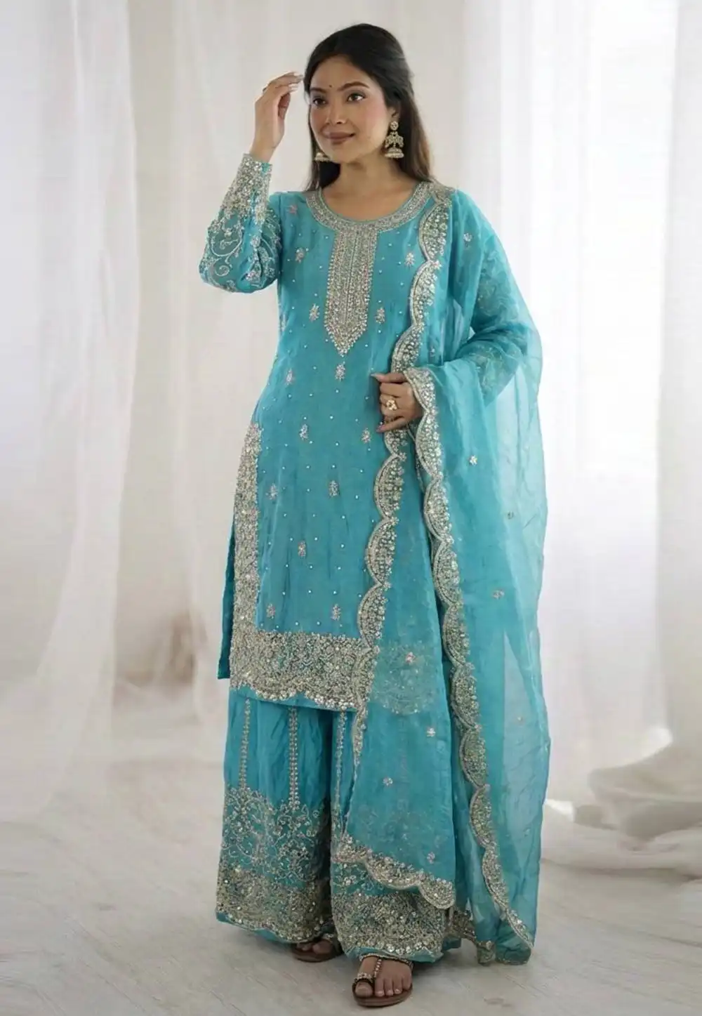 Sky Blue Silk Readymade Palazzo Suit 329094