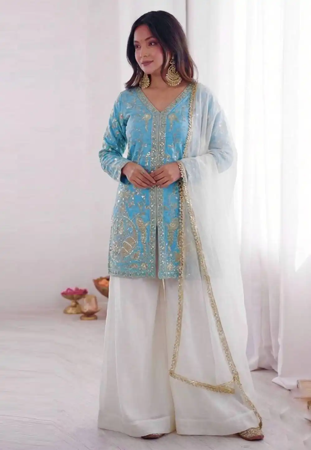 Sky Blue Silk Readymade Palazzo Suit 327171