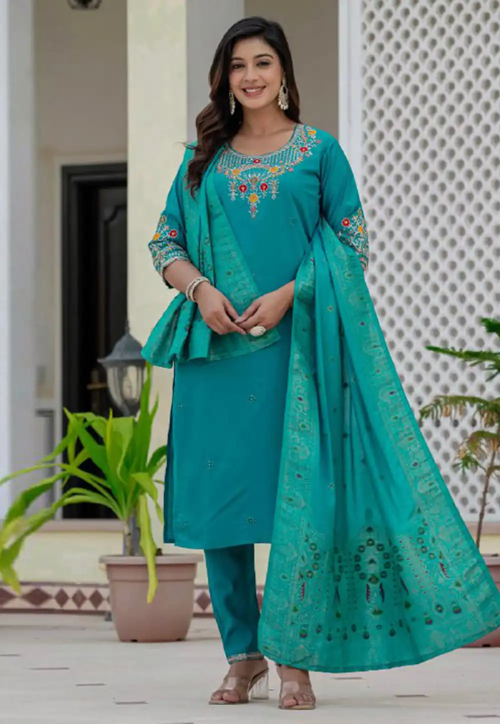 Sky Blue Silk Readymade Pant Style Suit 317451
