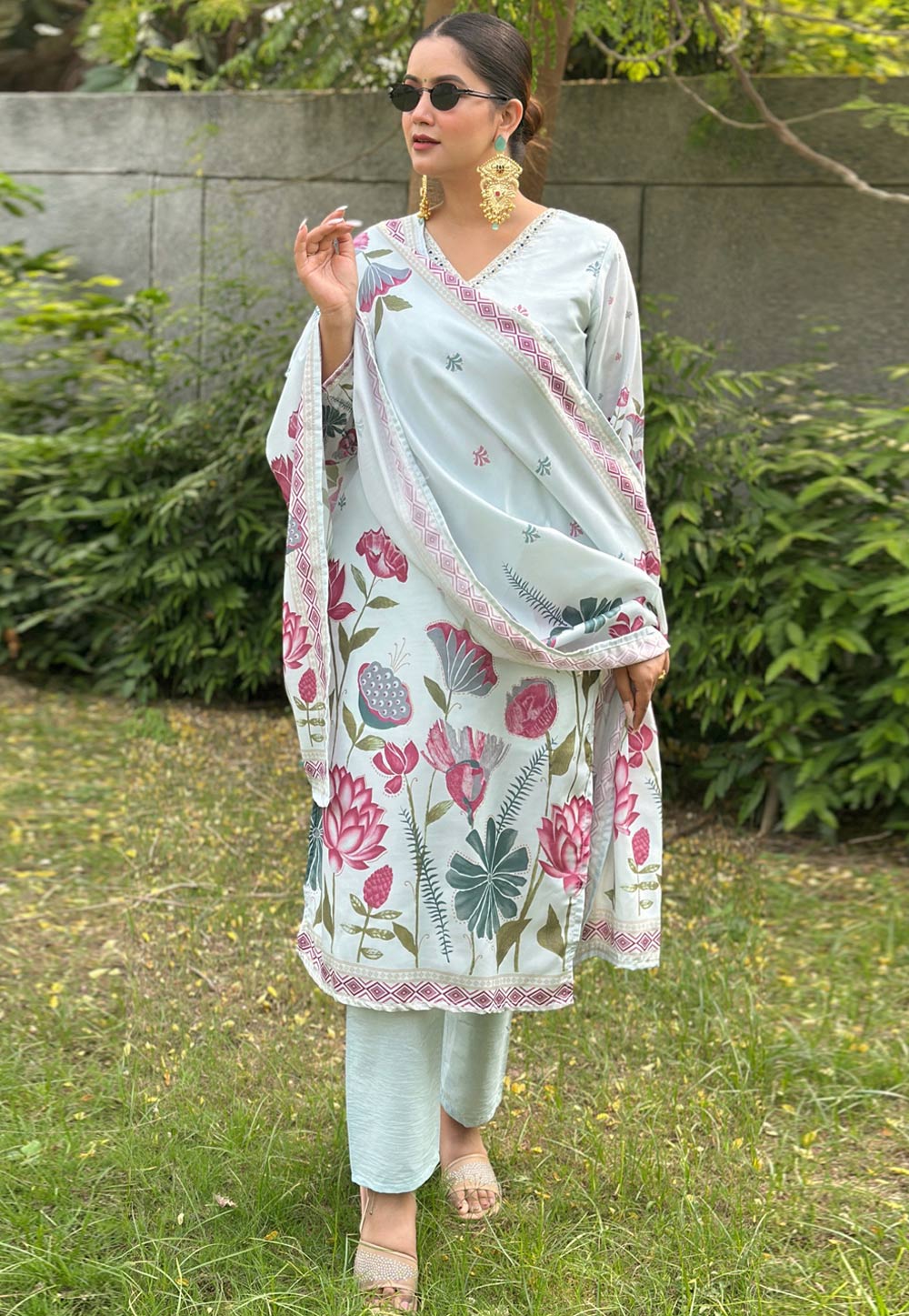 Sky Blue Silk Readymade Pant Style Suit 325491