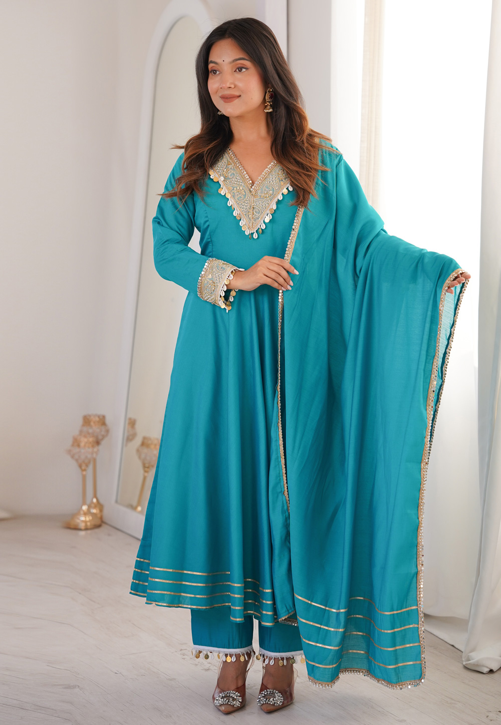 Sky Blue Silk Readymade Pant Style Suit 330199