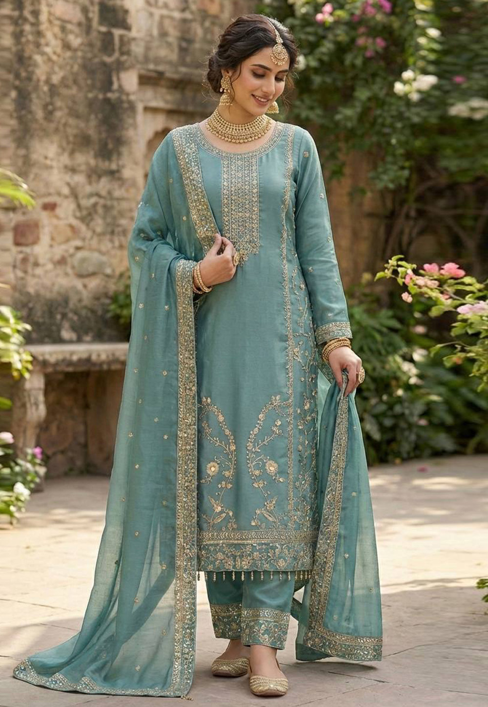 Sky Blue Silk Readymade Pant Style Suit 325340