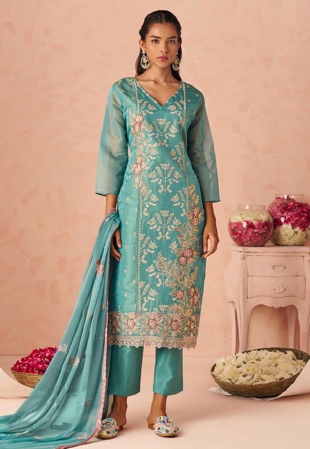 Sky Blue Silk Readymade Pant Style Suit 319301