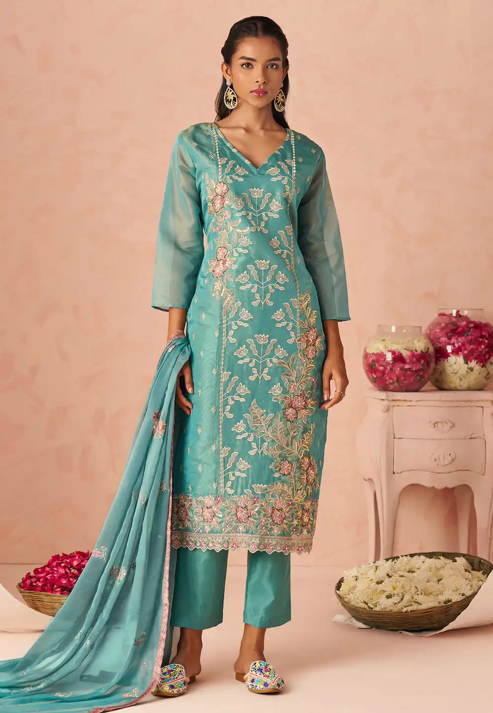 Sky Blue Silk Readymade Pant Style Suit 319301
