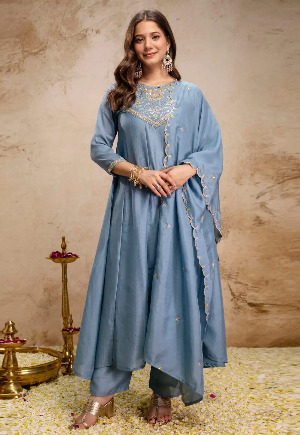 Sky Blue Silk Readymade Pant Style Suit 327160