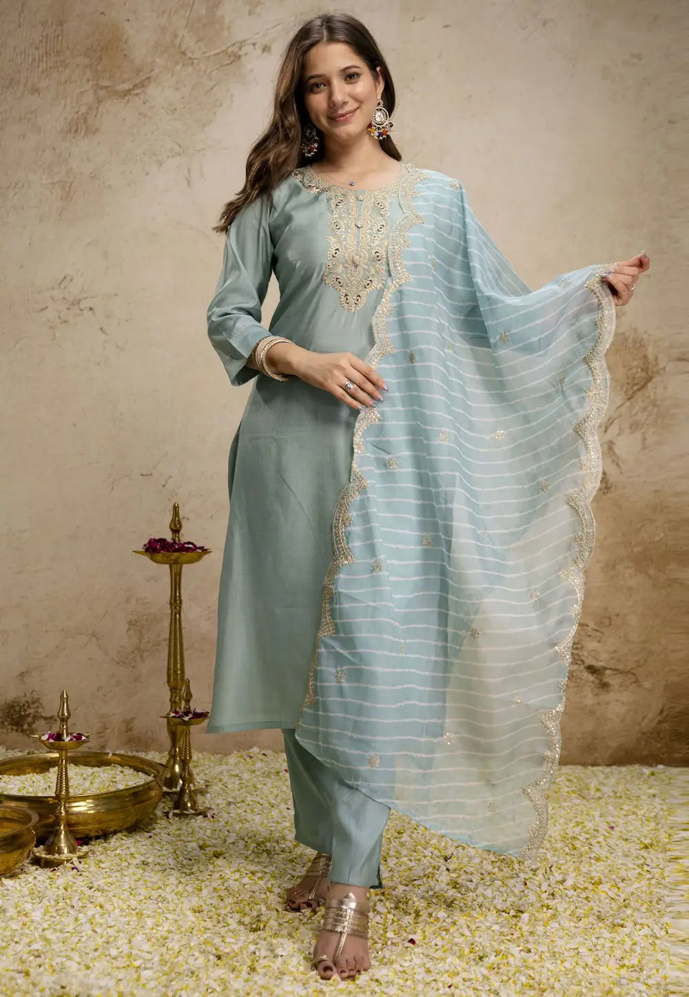 Sky Blue Silk Readymade Pant Style Suit 331052