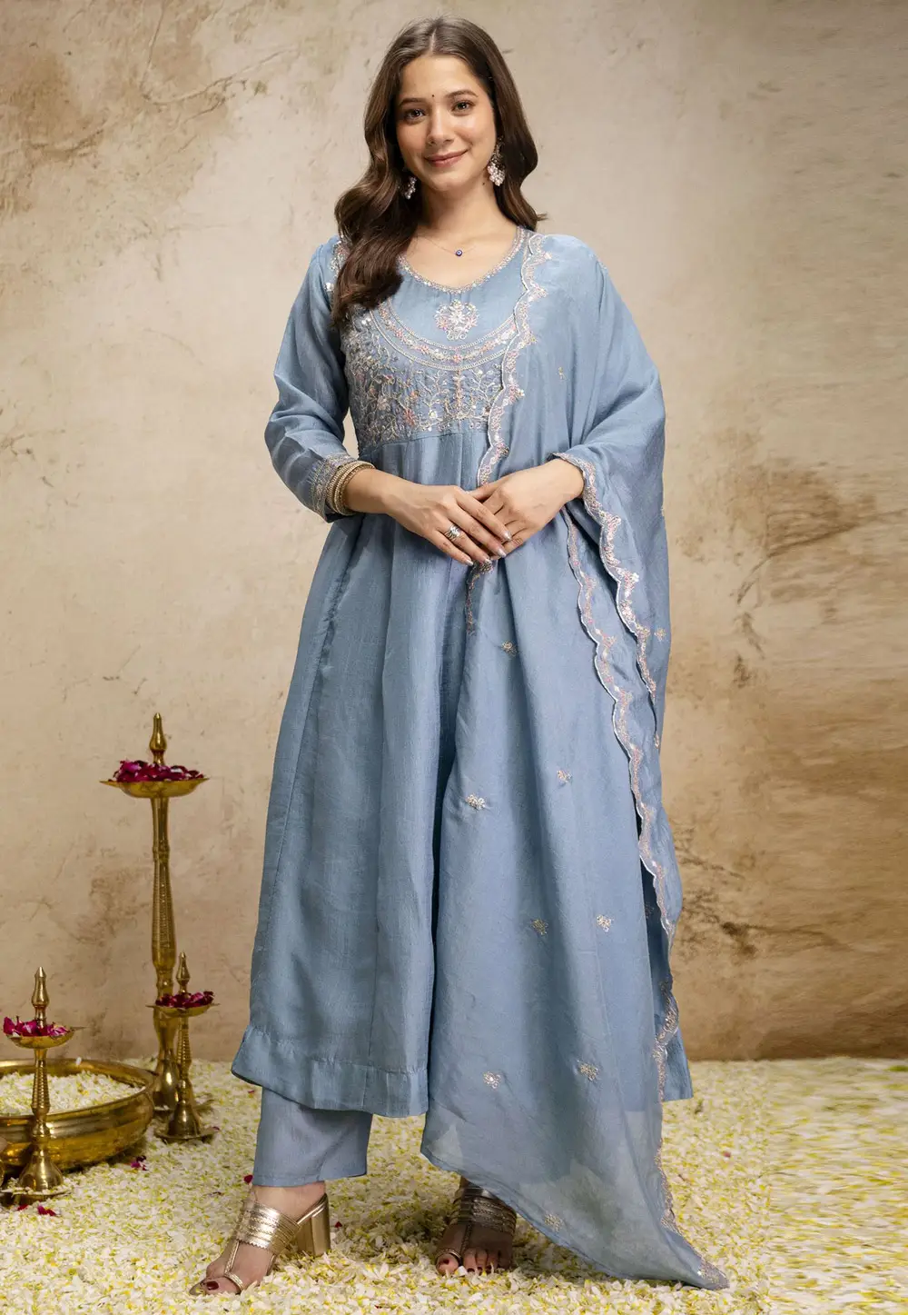 Sky Blue Silk Readymade Pant Style Suit 331058