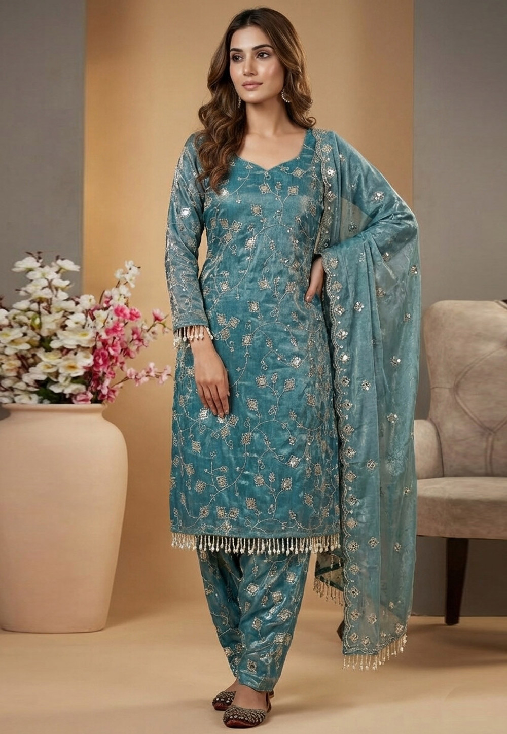Sky Blue Silk Readymade Patiala Suit 323313