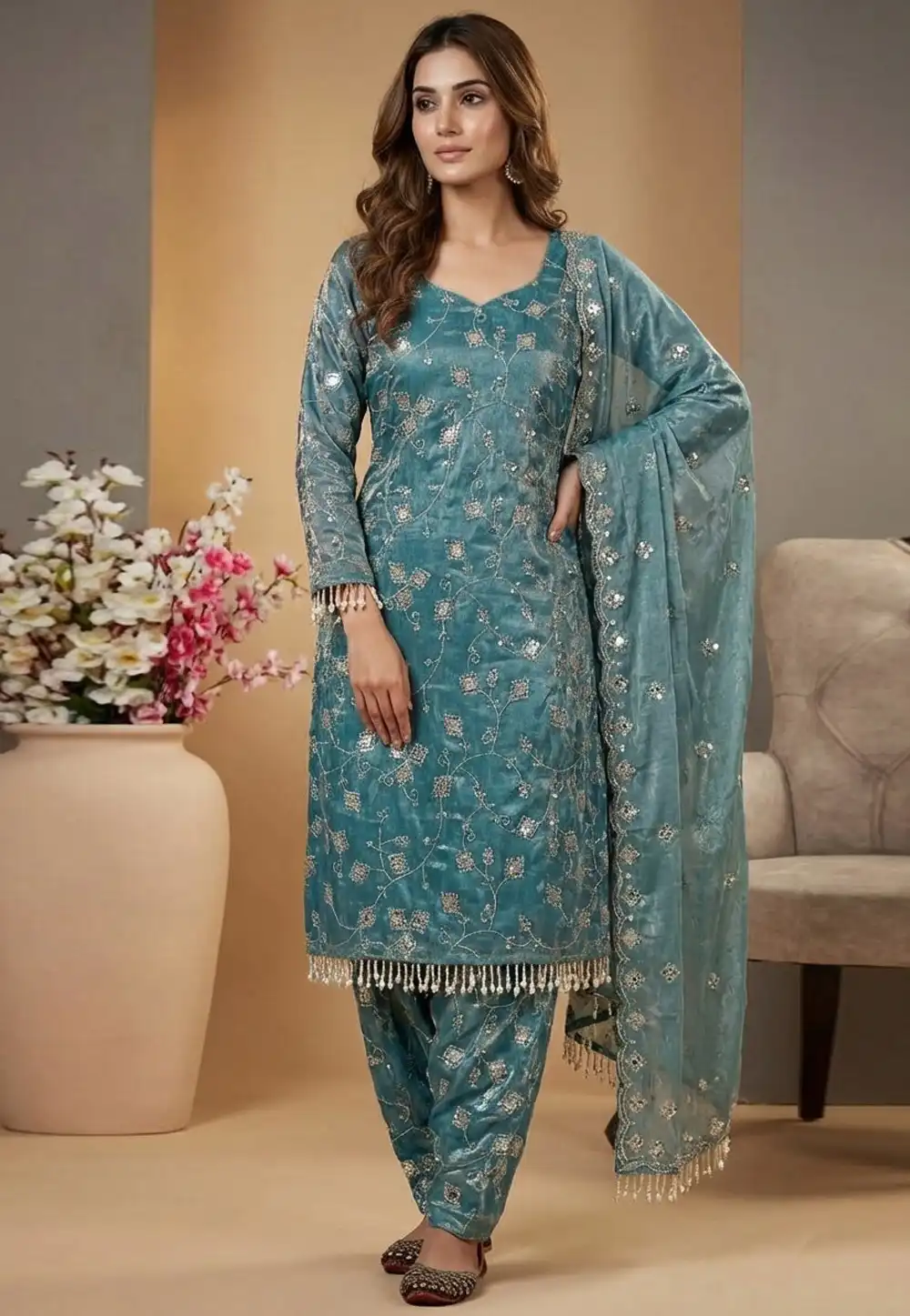 Sky Blue Silk Readymade Patiala Suit 323313