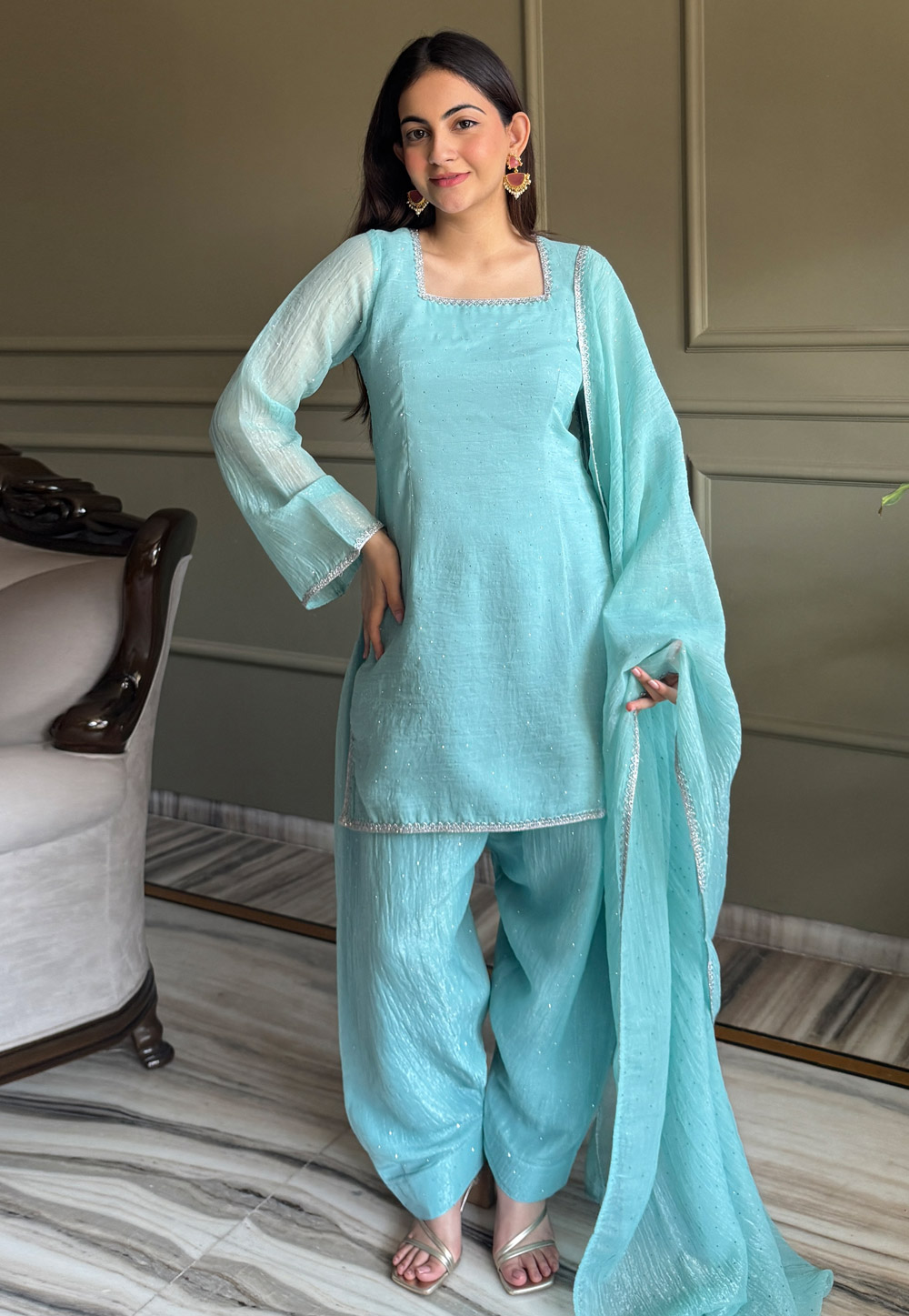 Sky Blue Silk Readymade Patiala Suit 326609