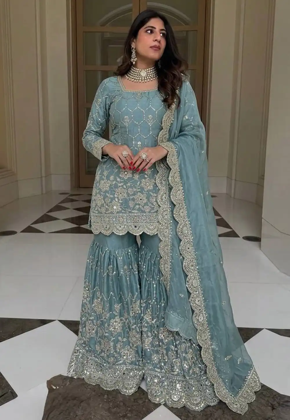 Sky Blue Silk Readymade Sharara Suit 329686