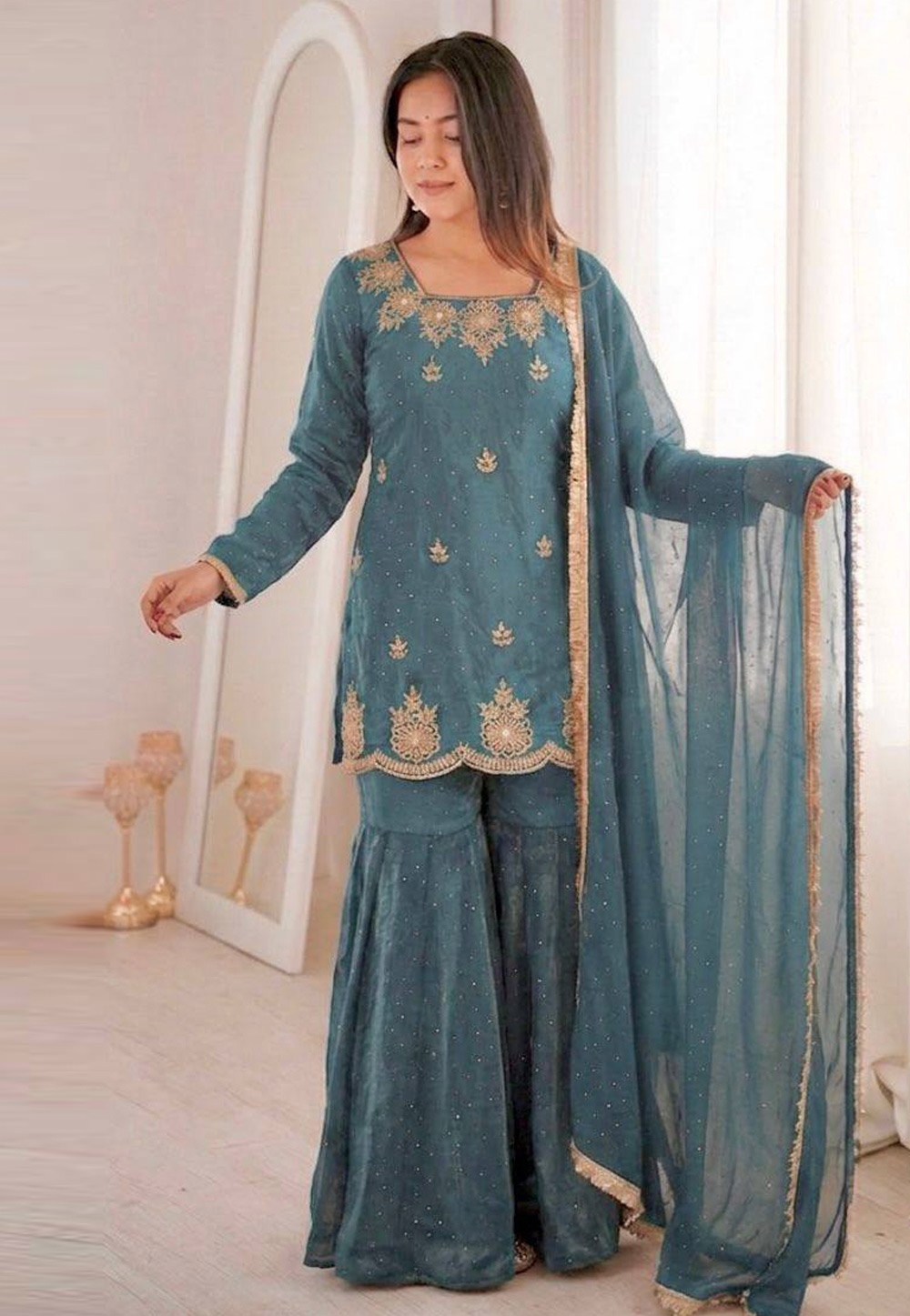 Sky Blue Silk Readymade Sharara Suit 327014