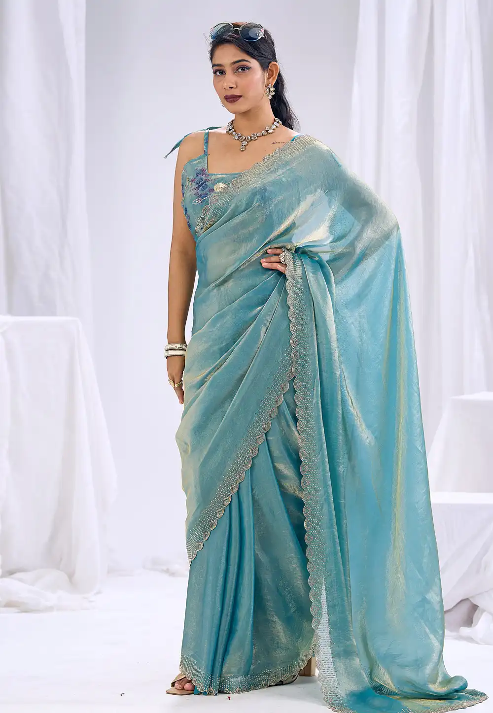 Sky Blue Silk Saree With Blouse 329654