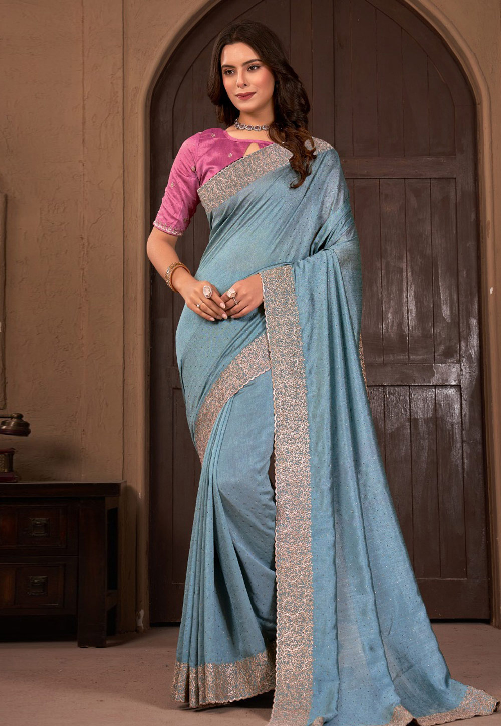 Sky Blue Silk Saree With Blouse 285513