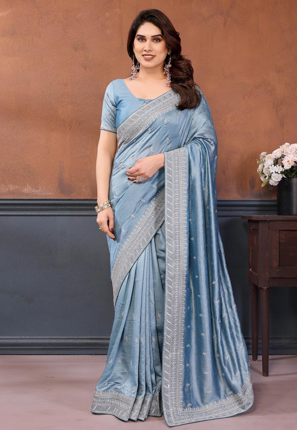 Sky Blue Silk Saree With Blouse 319861