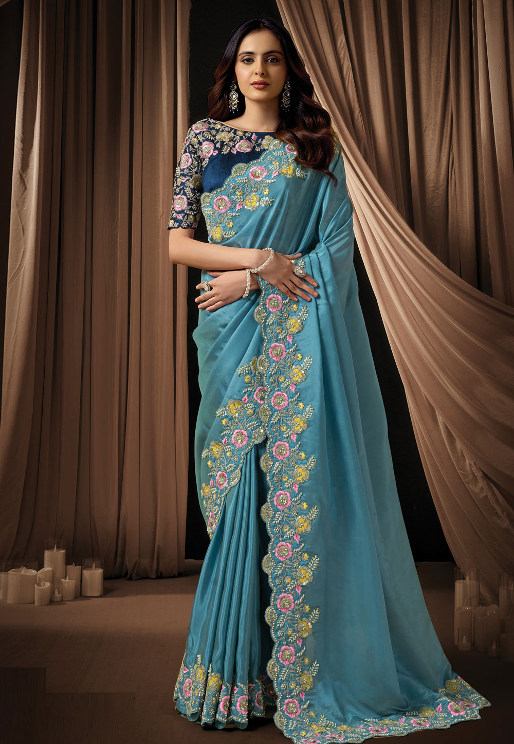 Sky Blue Silk Saree With Blouse 325750