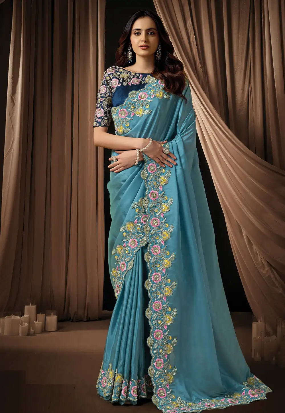 Sky Blue Silk Saree With Blouse 325750