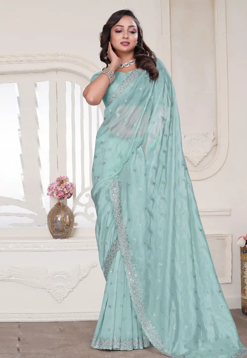 Sky Blue Silk Saree With Blouse 312822
