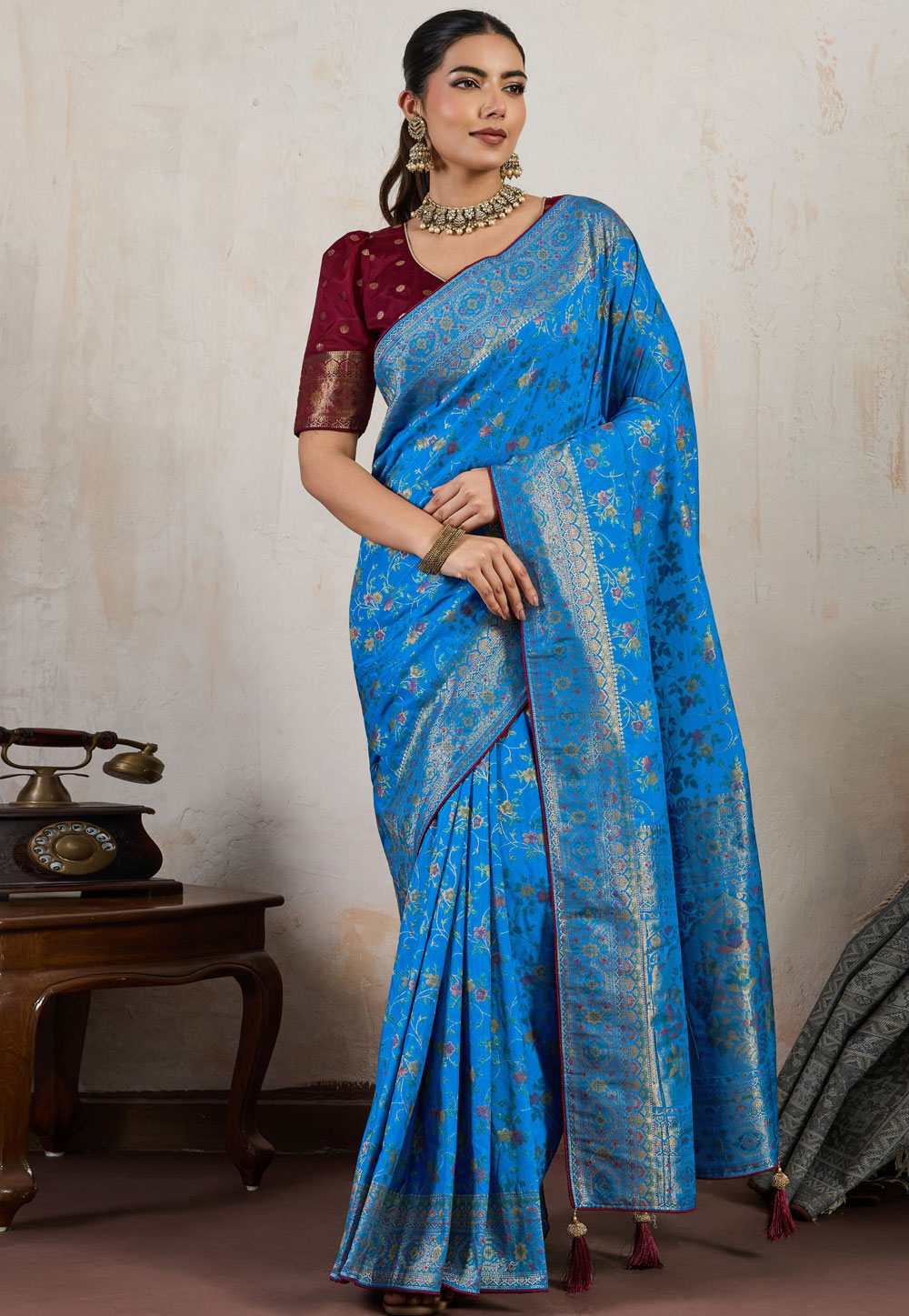Sky Blue Silk Saree With Blouse 319286
