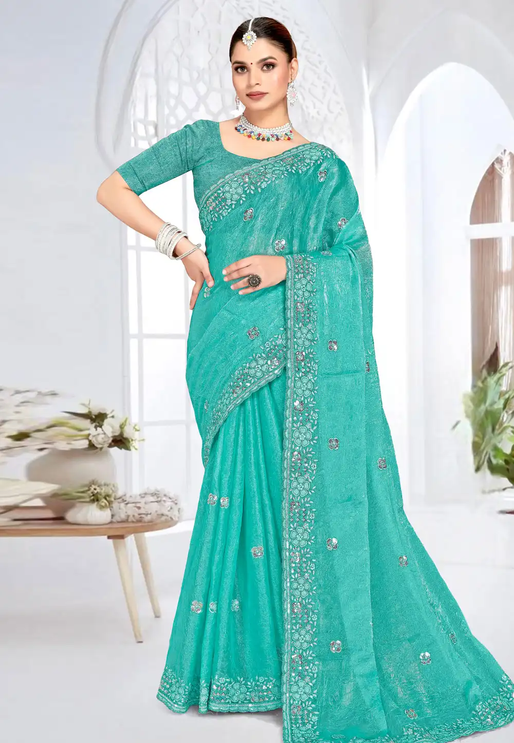 Sky Blue Silk Saree With Blouse 317589