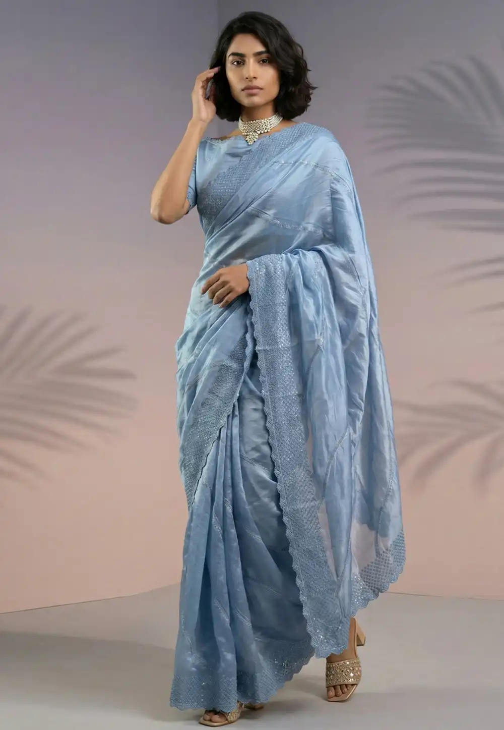 Sky Blue Silk Saree With Blouse 329003