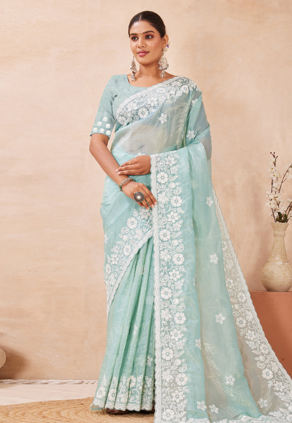 Sky Blue Silk Saree With Blouse 320891