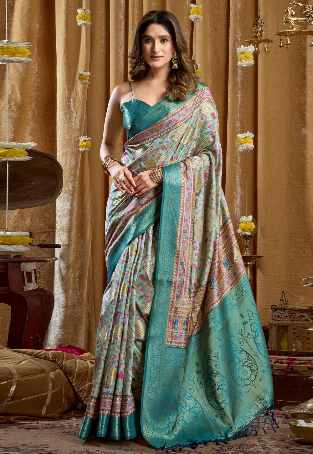 Sky Blue Silk Saree With Blouse 322561