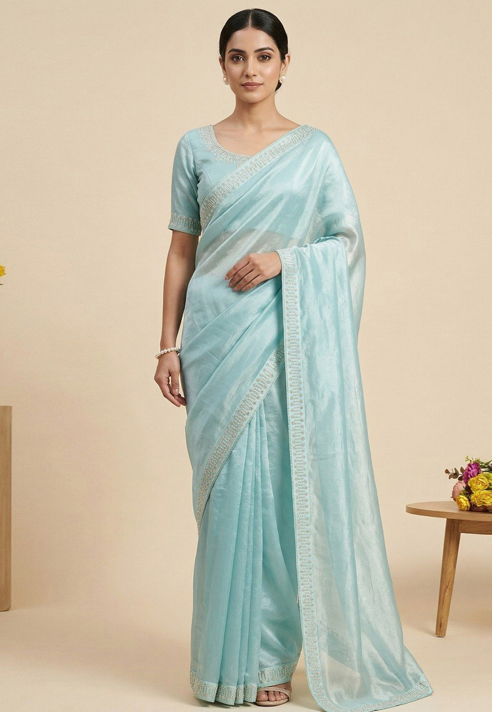 Sky Blue Silk Saree With Blouse 327134