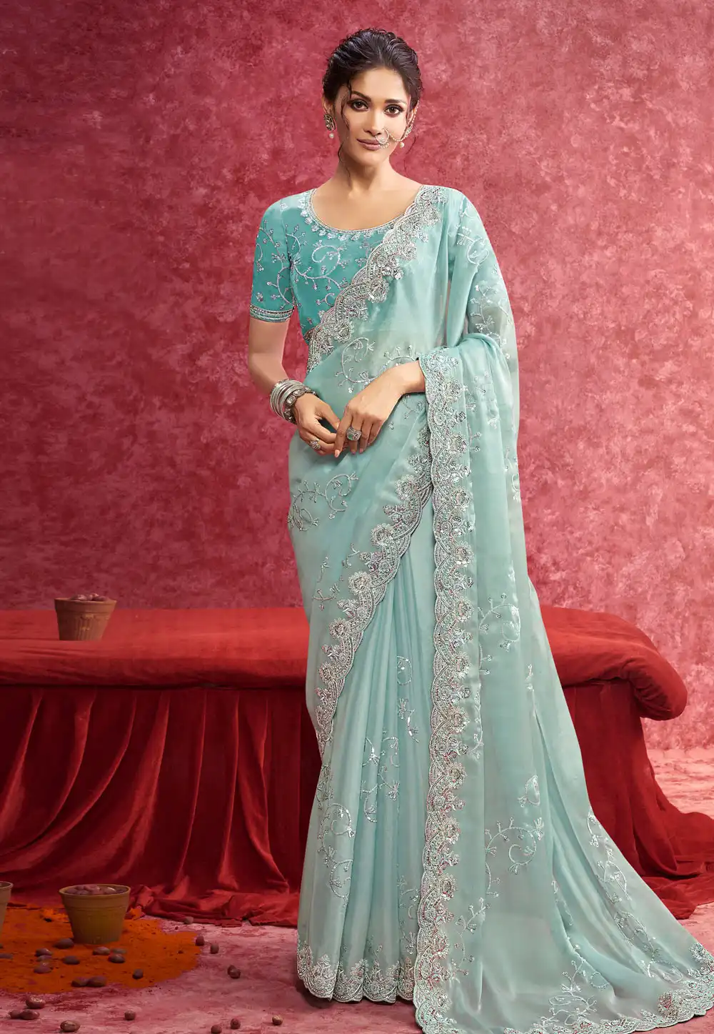 Sky Blue Silk Saree With Blouse 317261