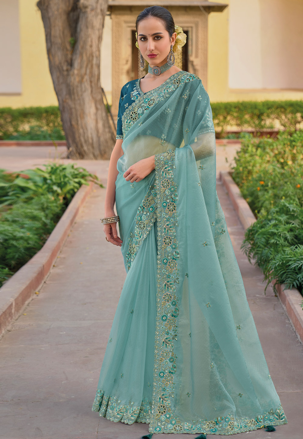 Sky Blue Silk Saree With Blouse 285477