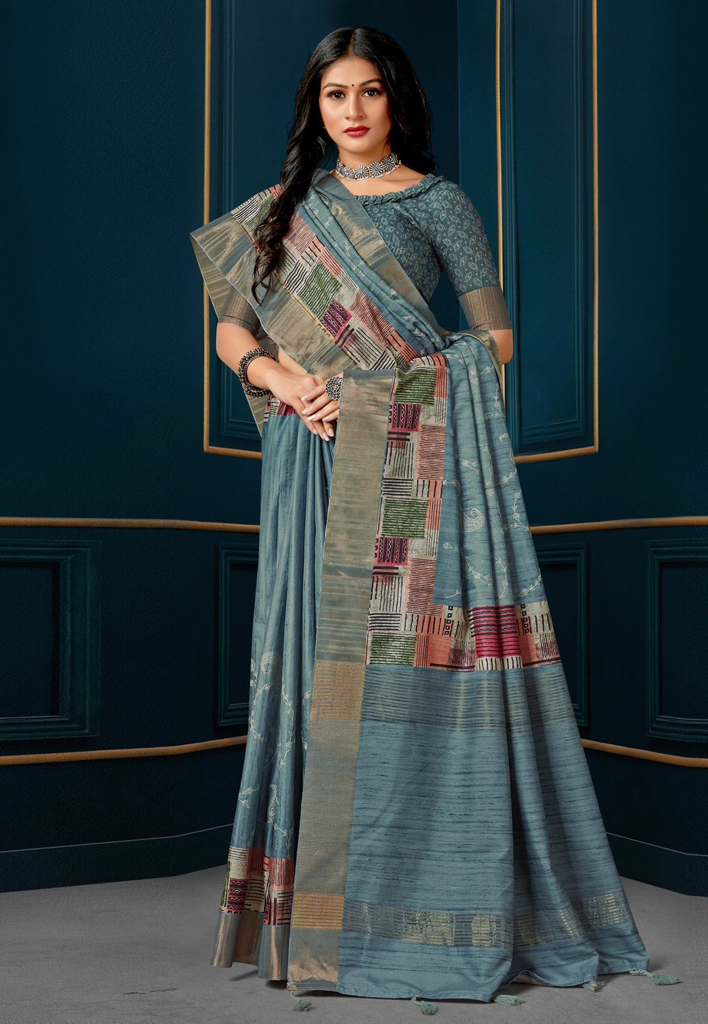Sky Blue Silk Saree With Blouse 279482