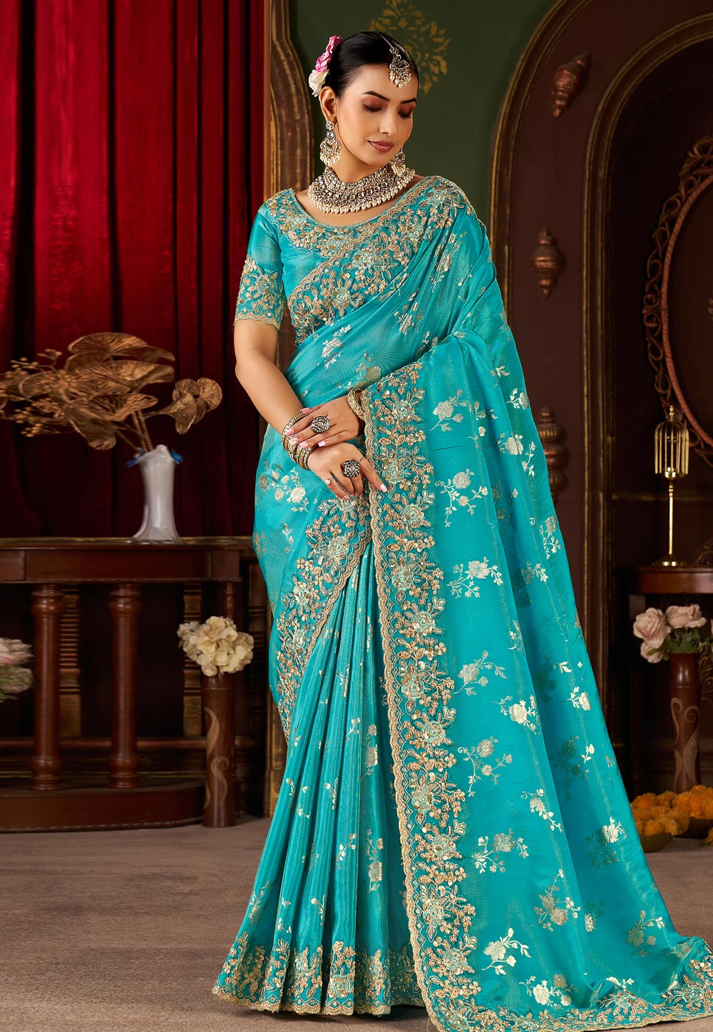 Sky Blue Silk Saree With Blouse 321673