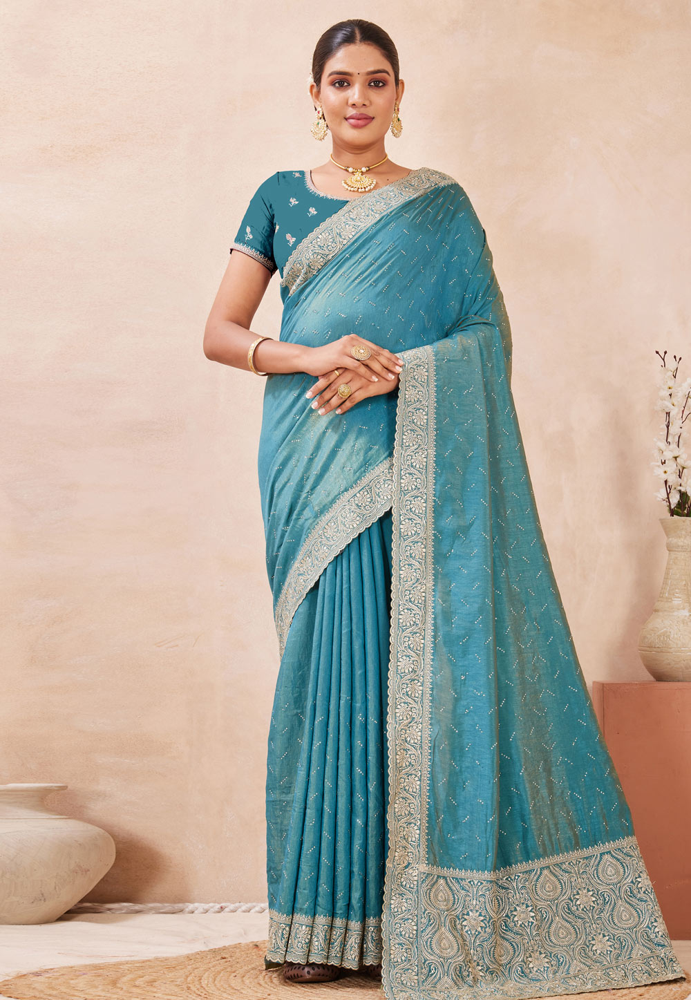 Sky Blue Silk Saree With Blouse 320886