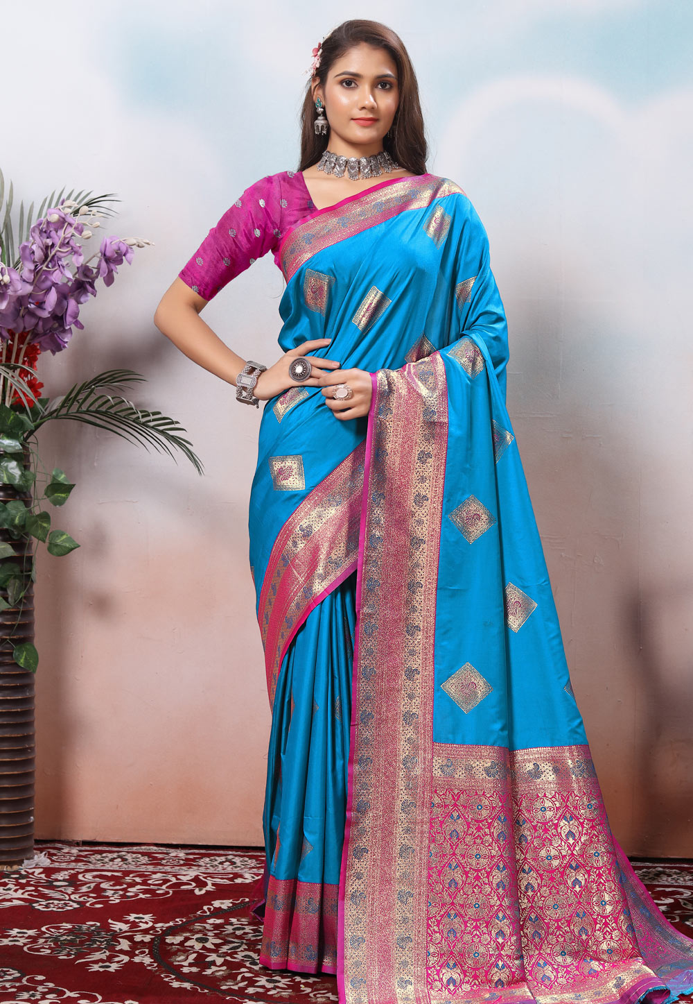 Sky Blue Silk Saree With Blouse 308766
