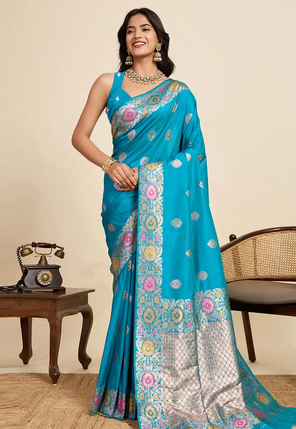 Sky Blue Silk Saree With Blouse 317232