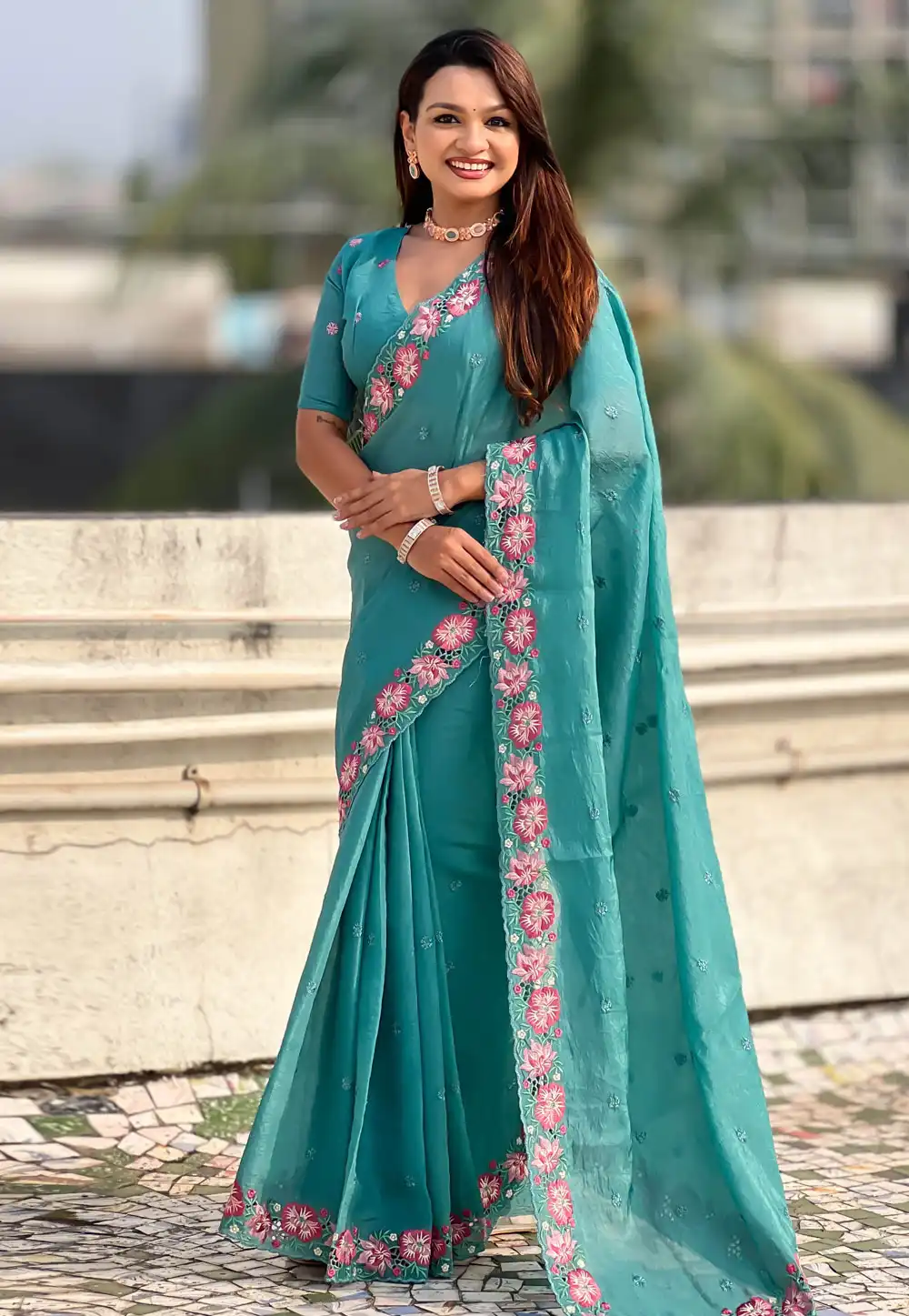 Sky Blue Silk Saree With Blouse 323539