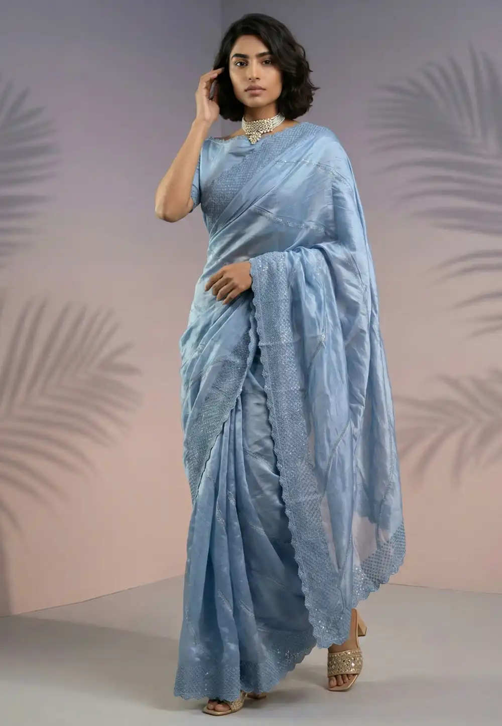 Sky Blue Silk Saree With Blouse 326699