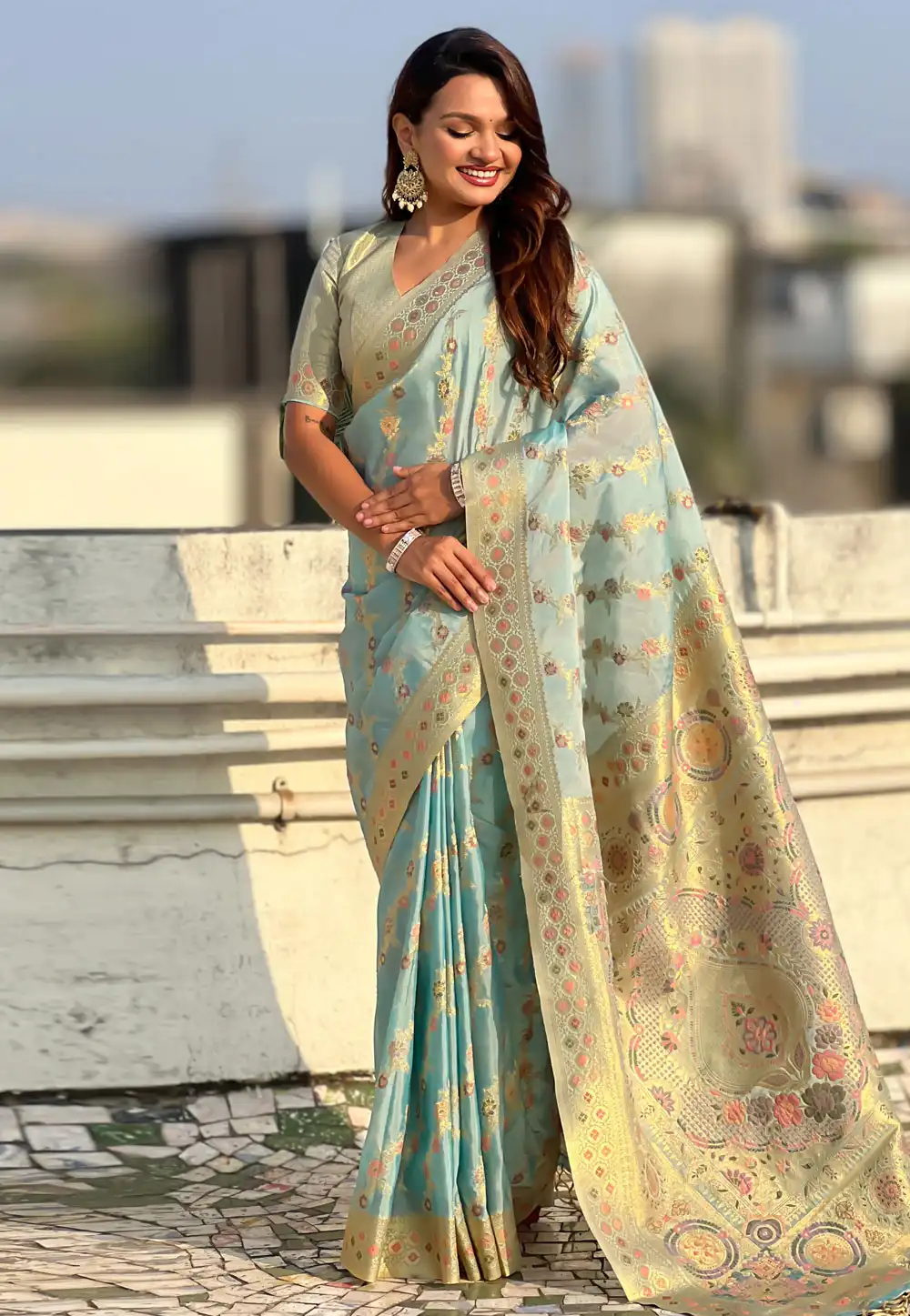 Sky Blue Silk Saree With Blouse 327121