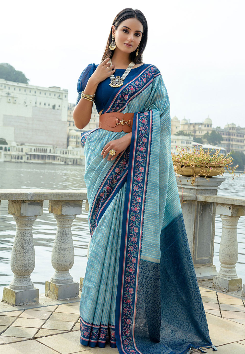 Sky Blue Silk Saree With Blouse 307672