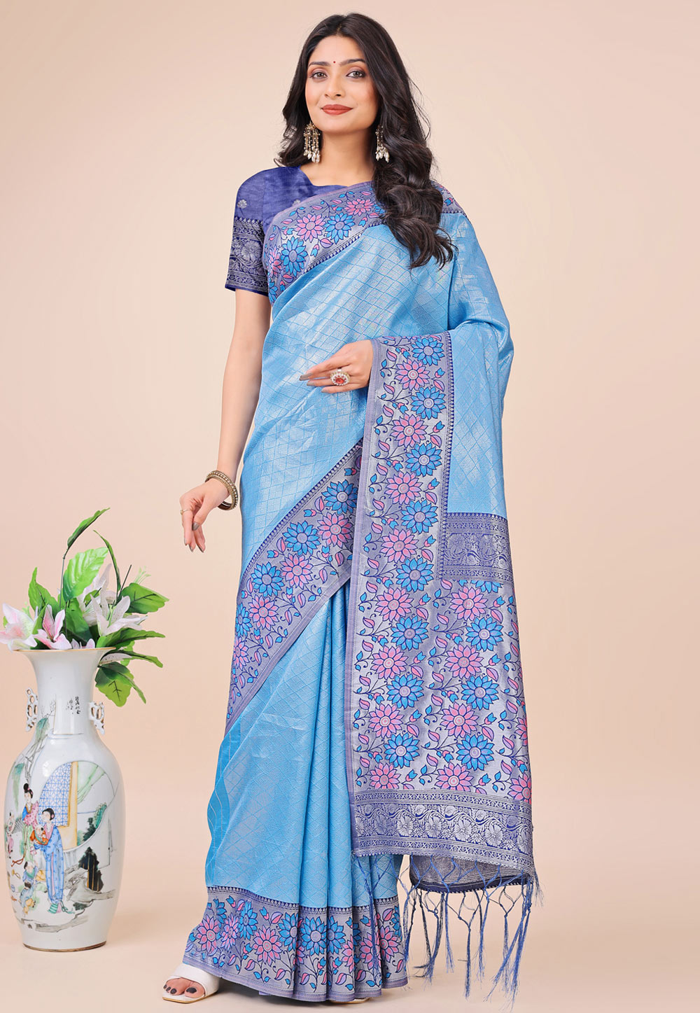 Sky Blue Silk Saree With Blouse 312154